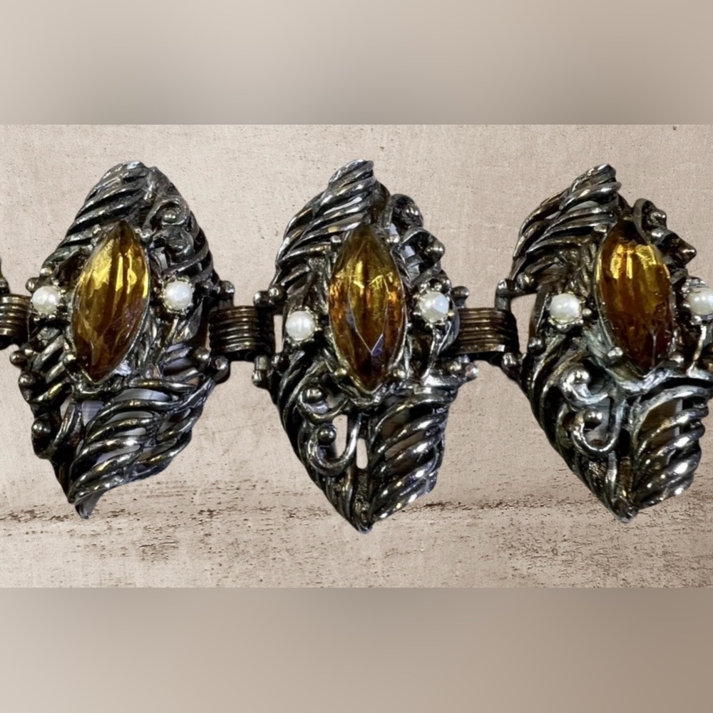 Heavy 7" Victorian Revival Unsigned Selro Bracelet With Amber Stones & Pearls